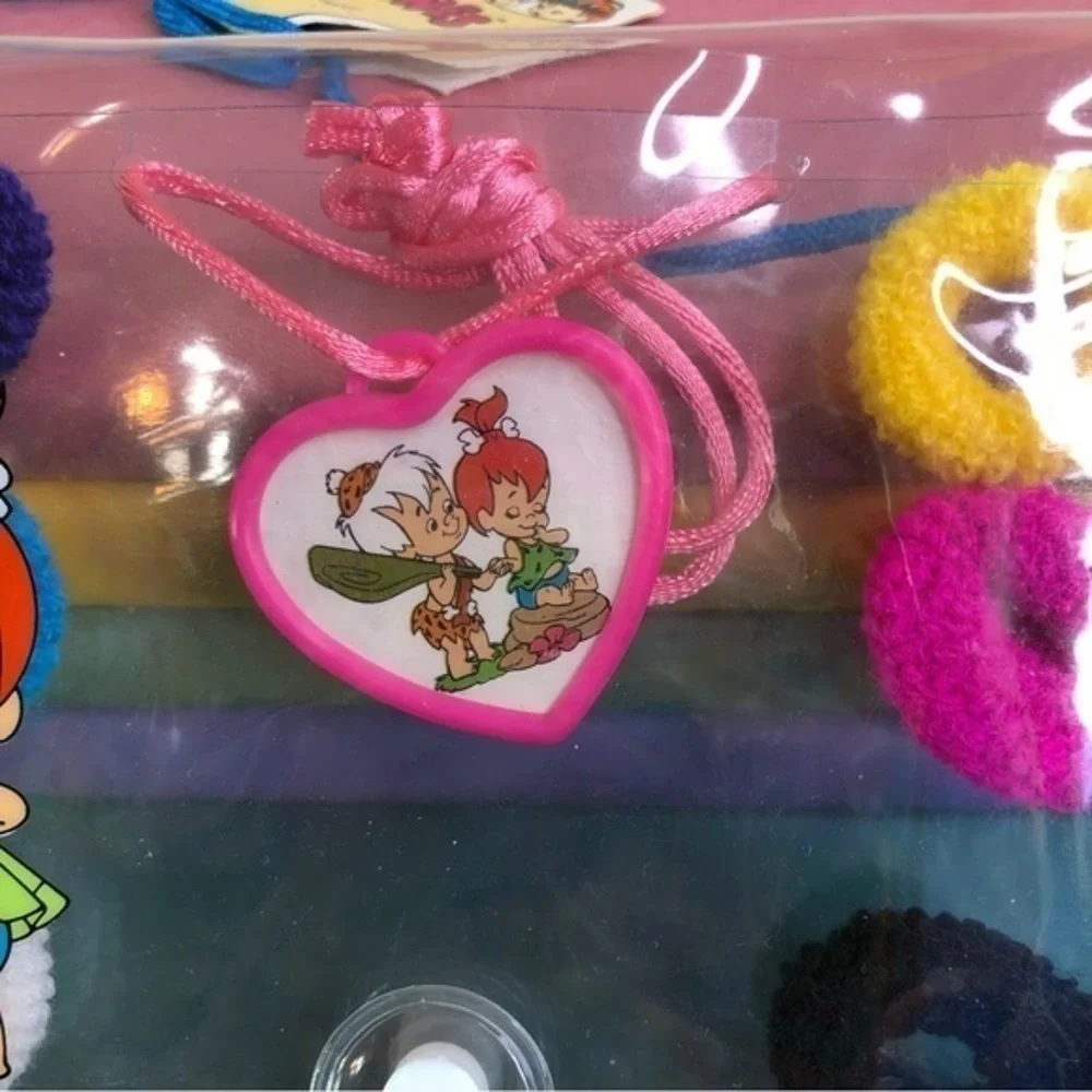 The Flintstones Pebbles Bam Bam Hair Accessories Heart Necklace Set Bag Vintage